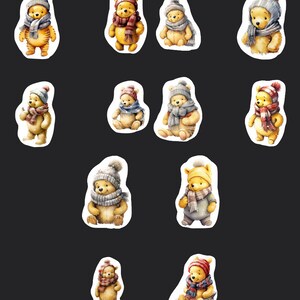 Winter Pooh Bear Hat & Scarf Stickers, Set 24 Sticker, Journal Sticker, Die Cut Stickers, Winter Stickers, Pooh Bear Stickers, Bear Sticker