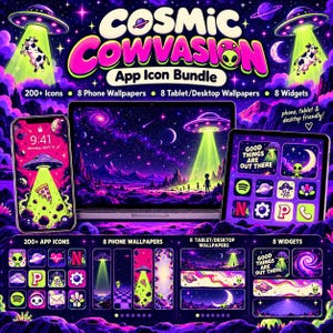 May include: A digital asset bundle titled Cosmic Cowvasion featuring over 200 app icons, 8 phone wallpapers, 8 tablet and desktop wallpapers, and 8 widgets. The design displays vibrant purple and neon green space themes with UFOs and cows.