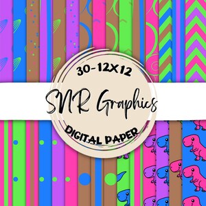 Neon Dinosaur Digital Paper Bundle 12X12, papier de scrapbook, papier peint, fond d’écran numérique, papier brillant, chevron, rayure, rose, vert