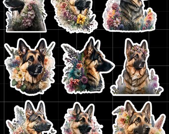 Floral German Shepherd, Set of 27 Stickers, Sticker, Journal Sticker, Die Cut Stickers, Dog, Puppy, Fur Baby, Guard Dog