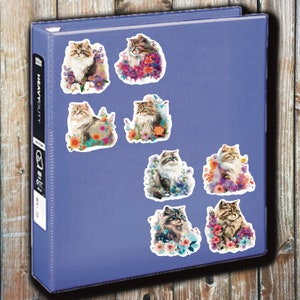Siberian Cat In Flowers, Set of 24 Stickers, Sticker, Journal Sticker, Die Cut Sticker, Colorful Floral Cats, Pretty Flower Cats
