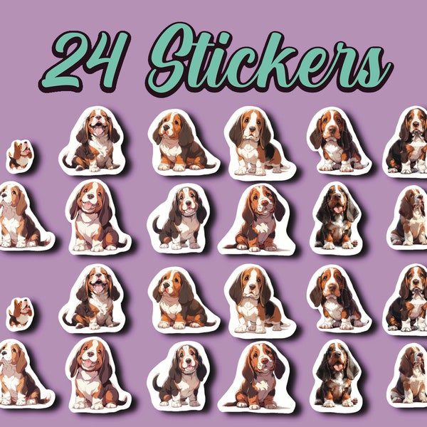 Anime Basset Hound Dog Stickers, Set of 24 Stickers, Journal Sticker, Die Cut Stickers, Manga Sticker, Basset Hound Sticker, Kawaii Stickers