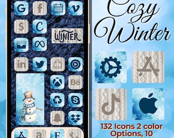 May include: A smartphone screen displays a winter-themed app icon set. The icons are blue and white, with a knitted texture background. A snowman illustration is visible. The words "Cozy Winter" are written in cursive. The text reads "132 Icons 2 color Options, 10 Widgets, & 5 Backgrounds."