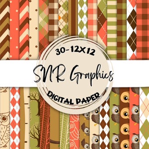 Nature Digital Paper Bundle 12X12, Scrapbook Paper, Wallpaper, Digital Background,  Owl Paper, Chevron, Argyle, Stripe, Brown, Orange