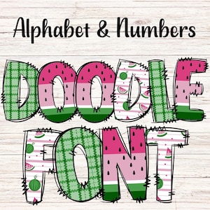 Wassermelone Doodle Buchstaben PNG mit Doodle Gliederung, Obst Clipart Alphabet Schrift Digitaler Download, POD, druckfertig, Sommerschrift