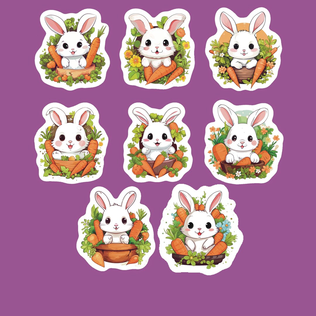 Bunnies With Carrot Stickers, Set of 24 Stickers, Easter Sticker ...