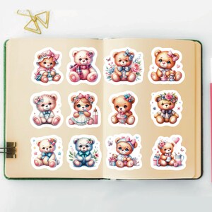 Pink Spring Teddy Bear Stickers, Set of 24 Stickers, Nursery Stickers, Bear Stickers, Cute Baby Stickers, Spring Bear Stickers, Bears