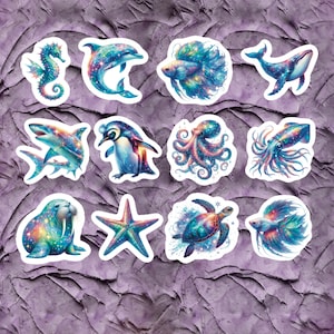 Holographic Sea Animal Stickers, Set of 24 Stickers, Holographic Stickers, Sea Animal Stickers, Ocean Stickers, Octopus, Penguin, Dolphin