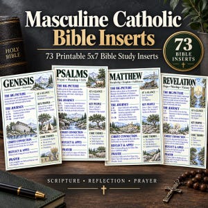 May include: A set of 73 printable 5x7 inch Bible study inserts featuring the titles Genesis, Psalms, Matthew, and Revelation. Each card includes sections for The Big Picture, The Journey, Key People, Christ Connection, Reflect & Apply, and Prayer, decorated with landscape illustrations and religious text.