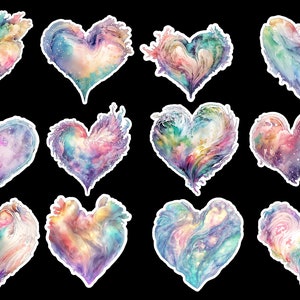 Watercolor Hearts Set of 24 Stickers, Sticker, Journal Sticker, Die Cut Stickers, Valentine&#39;s Day Stickers, Fantasy Stickers