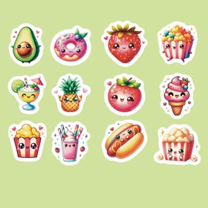 Food Stickers, Set of 24 Stickers, Drink Sticker, Journal Sticker, Die Cut Stickers, Snack Stickers, Kawaii Popcorn Stickers