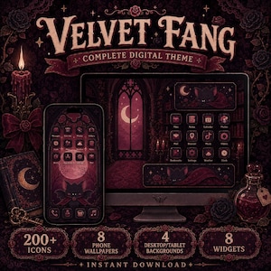 Ikonuppsättning för Velvet Fang-appen | Gotiska vampyrfladdermusikoner (digital nedladdning)
