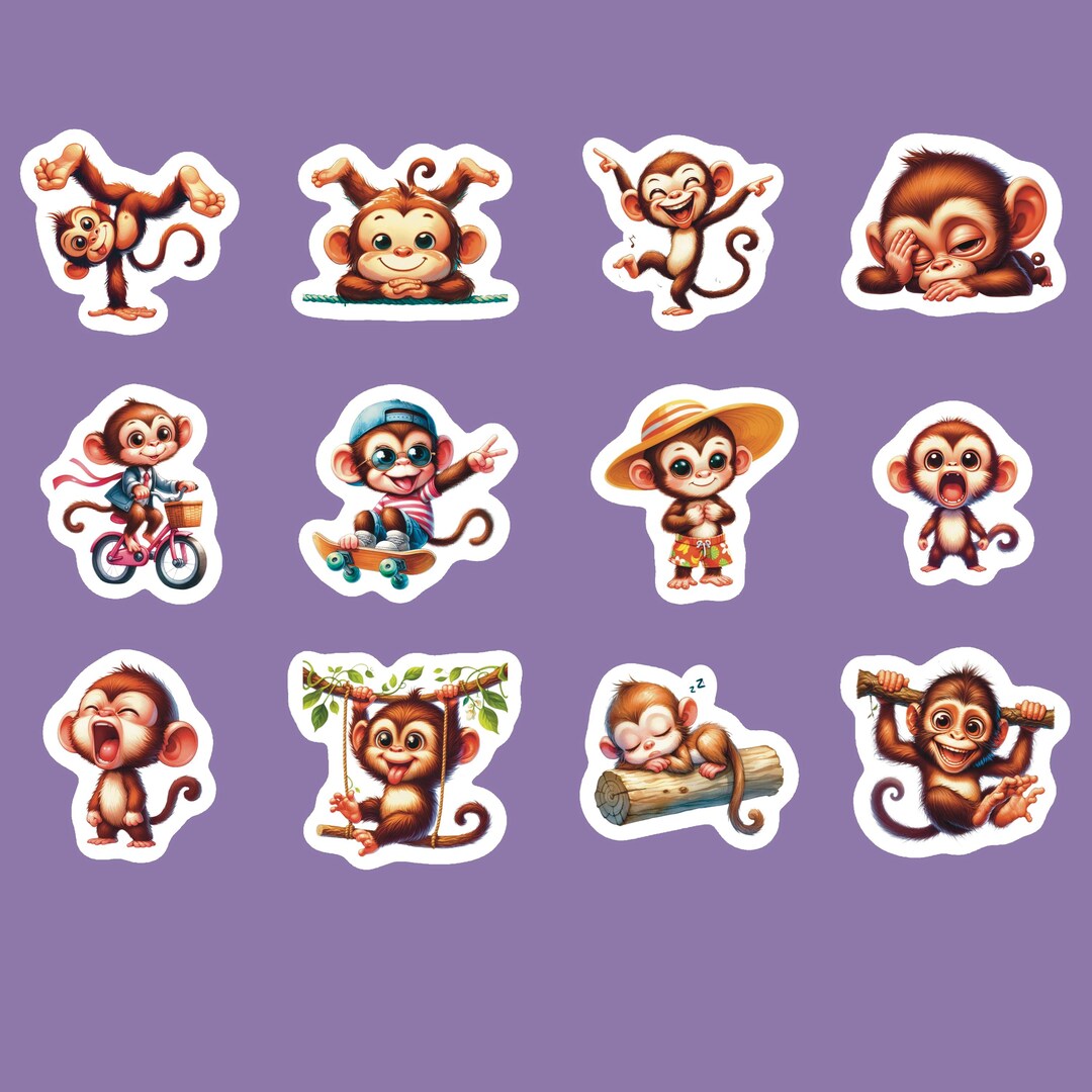 Funny Monkeys Stickers, Set of 24 Stickers, Laptop Stickers, Water ...