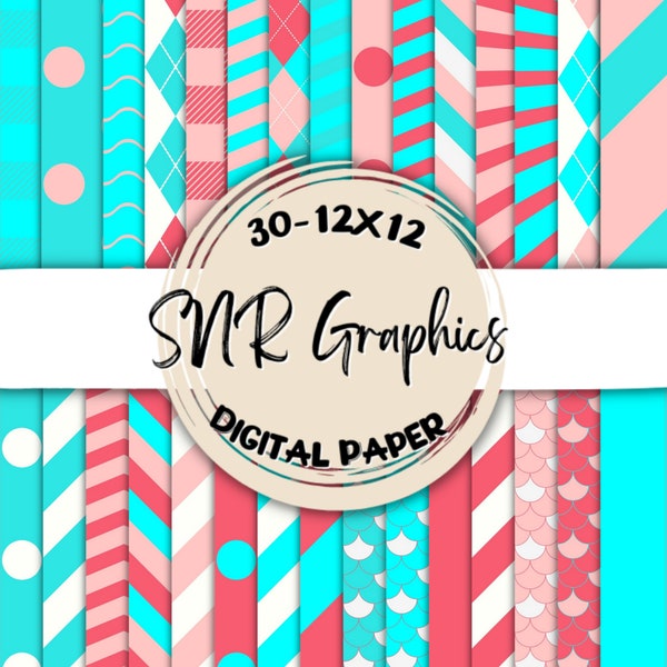 Aqua & Coral Digital Paper Bundle 12X12, Scrapbook Paper, Wallpaper, Digital Background,  Pastel Paper, Chevron Paper, Argyle, Stripes