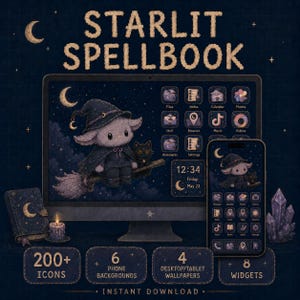 May include: A digital product display titled STARLIT SPELLBOOK featuring a computer monitor and smartphone showing a dark blue theme with a cartoon creature on a broomstick, icons, widgets, a small book, a candle, and crystal clusters.