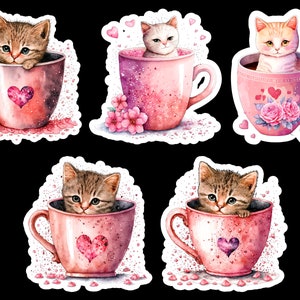 Teacup Kittens, Set of 20 Stickers, Sticker, Journal Sticker, Die Cut Stickers, Valentine Stickers, Cat Stickers, Kitten, Kitty