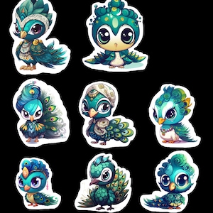 Kawaii Peacock Set of 24 Stickers, Sticker, Journal Sticker, Die Cut Sticker, Kawaii Peacock Stickers, Cartoon Peacock Stickers