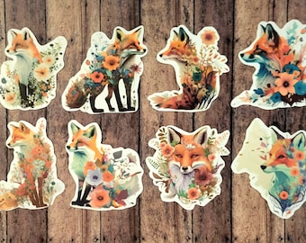 Fox, Set of 24 Sticker, Sticker, Journal Sticker, Die Cut Stickers, Watercolor Fox Sticker, Floral Fox, Foxes, Red Fox, Wildlife