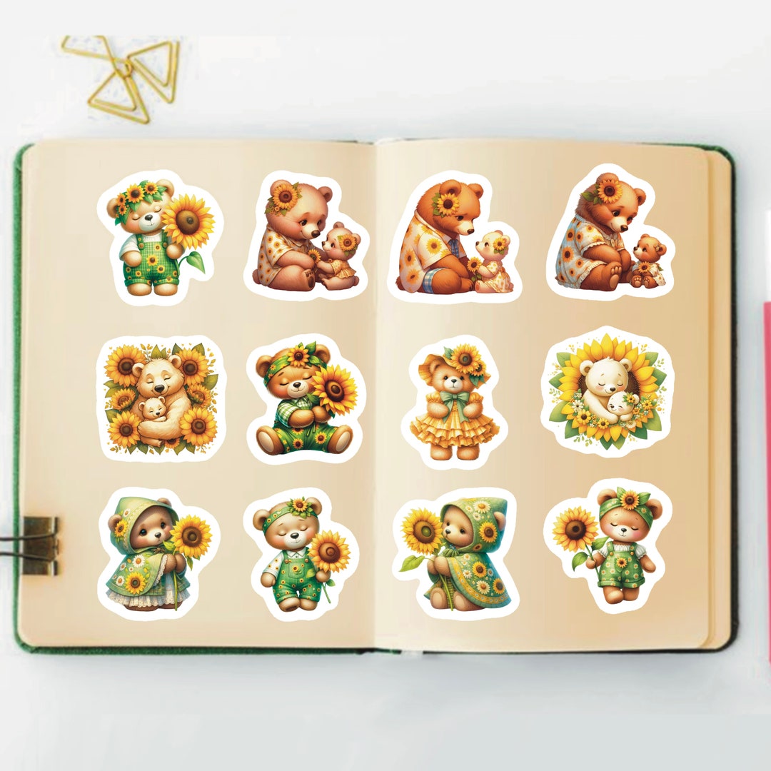 Sunflower Bear Stickers, Set of 24 Stickers, Nursery Stickers, Bear ...