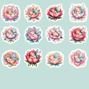 Baby in Flowers Stickers, Set of 24 Stickers, Sleeping Baby Stickers, Floral Stickers, Fairy Baby Stickers