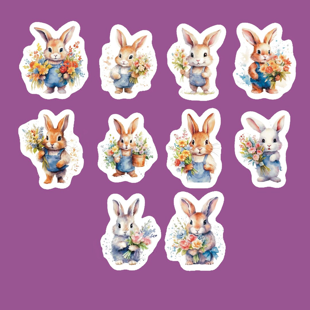 Spring Rabbit Sticker Rabbit With Flower Stickers, Set of 20 Stickers, Easter Sticker, Easter ...