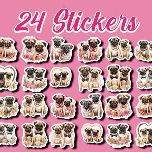 Pug Stickers, Set of 24 Stickers, Love Stickers, Couple Sticker, Dog Stickers, Wedding Stickers, Puppy Stickers, Valentine Stickers, Pugs