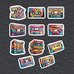 1980&#39;s Cassette Tape Stickers, Set of 22 Stickers, Cassette Stickers, Retro Stickers, Colorful Cassette Stickers, Music Sticker, Cassettes