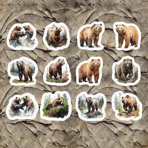 Watercolor Grizzly Bear Stickers, Set of 24 Stickers, Bear Stickers, Brown Bear Sticker, Grizzly Bear Sticker, Grizzly Stickers, Bears,