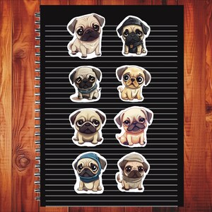 Kawaii Pug Set of 24 Stickers, Sticker, Journal Sticker, Die Cut Sticker, Kawaii Puppy Stickers, Cartoon Dog Sticker, Pug Puppies