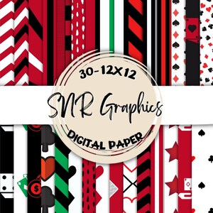 Casino Digital Paper Bundle 12X12, Scrapbook Paper, Wallpaper, Digital Background,  Gambling Paper, Chevron, Argyle, Stripe, Red, Black