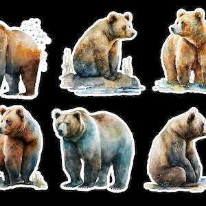 Watercolor Bear, Set of 20 Stickers, Sticker, Journal Sticker, Die Cut Stickers, Grizzly Bear, Black Bear, Brown Bear