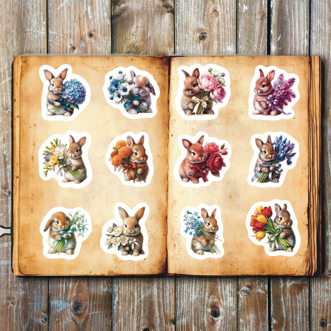 Elizabeth Rabbit Stickers Rabbits With Flower Stickers, Set of 24 Stickers, Easter Stickers ...