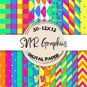 Neon Digital Paper Bundle 12X12, papier de scrapbook, papier peint, fond d’écran numérique, papier brillant, chevron, argyle, rayure, rose, vert