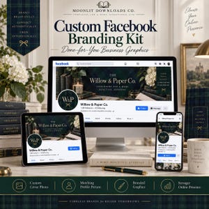 May include: A custom Facebook branding kit displayed on a computer monitor, tablet, and smartphone. The screens show a business page for The Willow & Paper Co. with a dark green plaid theme, including a profile picture, cover photo, and graphics.