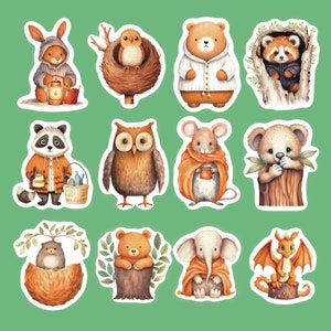 Watercolor Cottagecore Animal Stickers, Set of 24 Stickers, Cottagecore Stickers, Watercolor Stickers, Animals, Dragon, Elephant, Bear