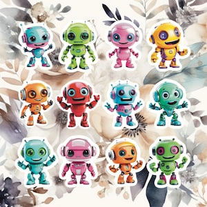 Colorful Robot Stickers, Set of 24 Stickers, Robot Stickers, Robots,