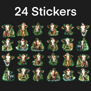 Cow Christmas Stickers, Set of 24 Stickers, Christmas Stickers,  Christmas Tree Sticker, Cows, Cow Sticker, Farm Stickers, Brown Cows