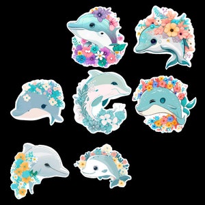 Floral Dolphin, Set of 21 Sticker, Sticker, Journal Sticker, Die Cut Stickers, Watercolor Sticker, Baby Dolphin, Porpoise, Water