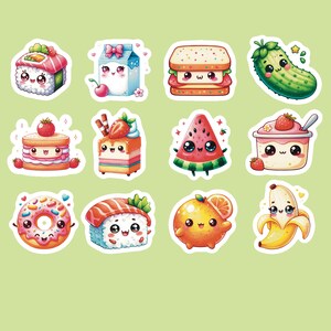 Food Stickers, Set of 24 Stickers, Drink Sticker, Journal Sticker, Die Cut Stickers, Snack Stickers, Kawaii Sushi Stickers