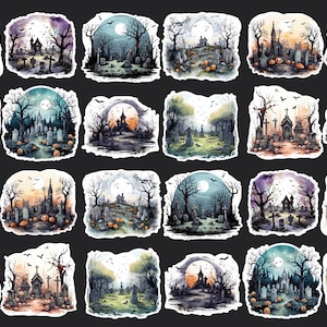 Graveyard Stickers, Set 24 Stickers, Die Cut Stickers, Haunted Sticker, Scary Sticker, Halloween Stickers, Magical Sticker, Cemetery Sticker