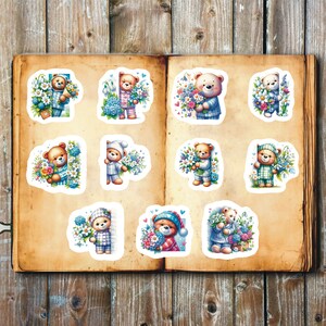 Bears With Flower Stickers, Set of 22 Stickers, Bear Stickers, Floral Bear Stickers, Bears, Cute Dressed Teddy Bear Stickers