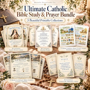 May include: A collection of printable Catholic study materials including 36 saint cards, 30 prayer pages, 73-book Bible study inserts in watercolor and classic versions, and 36 scripture memory cards, all titled Ultimate Catholic Bible Study & Prayer Bundle.