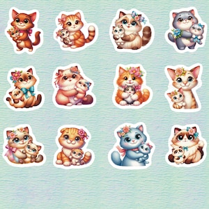 Momma Cat and Kittens Set of 24 Stickers, Sticker, Journal Sticker, Die Cut, Cat Stickers, Kitten Stickers