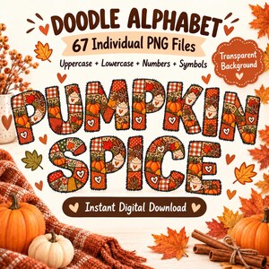 Zestaw alfabetu Pumpkin Spice Doodle PNG z dużymi i małymi literami