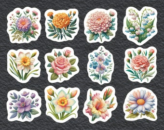 Birth Flower Stickers, Set Of 24 Stickers, Floral Stickers, Flower Stickers, Birth Stickers, Colorful Birth Flower Stickers, Birth Flowers