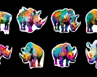 Rhinoceros Tie Dye, Set of 24 Stickers, Sticker,  Die Cut Sticker, Watercolor Sticker, Tie Dye Rhino Stickers, Colorful Rhinos