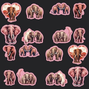Wooly Mammoth Stickers, Set of 24 Stickers, Journal Sticker, Valentine Sticker, Love Stickers, Heart Sticker, Mammoth Stickers, Mammoths