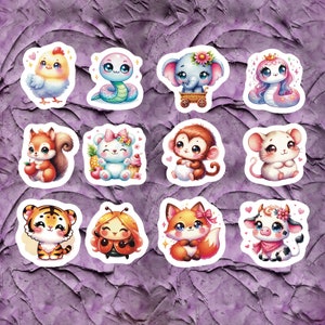 Happy Baby Animal Stickers, Set 24 Stickers, Colorful Animal Stickers, Animal Stickers, Happy Stickers,  Baby Animal Stickers