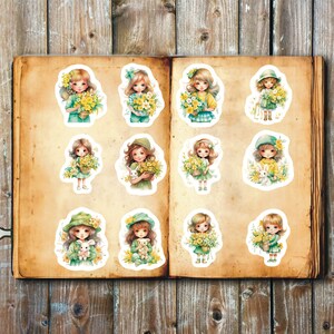 Spring Girl Stickers, Set of 24 Stickers, Girl Stickers, Floral Stickers, Spring Stickers, Girls In Hat Sticker, Blonde Girl Stickers,