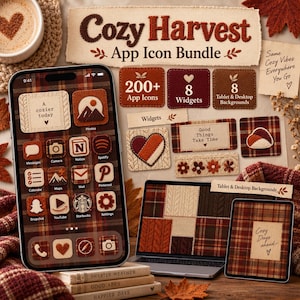 May include: A digital app icon bundle titled Cozy Harvest featuring over 200 icons, 8 widgets, and 8 backgrounds. The design uses a warm autumn color palette with plaid patterns, knit textures, and heart motifs displayed on a phone and laptop.